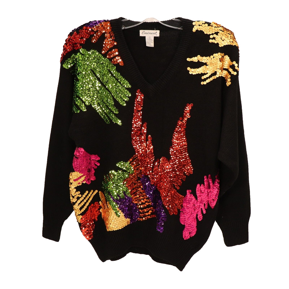 Eminent Sequin Sweater Women Large Black Pullover Shiny Multicolor Sequins Vneck